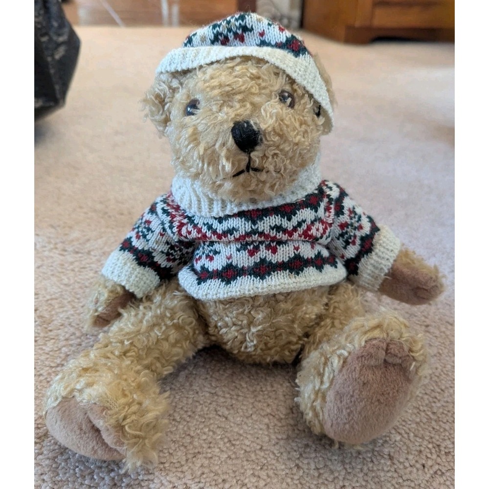 HollyBeary USA THEADOR Plush‎ Teddy Bear Jointed 12" Curly Fur w/Sweater Hat
